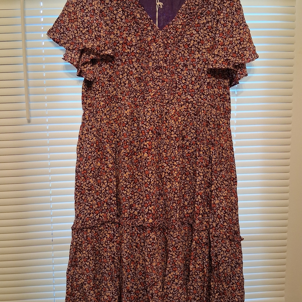 Sundance Brown Tan Midi Dress with V-Neck and Flutter Sleeves